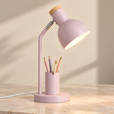 Różowa lampa biurkowa Devone z miejscem na przybory