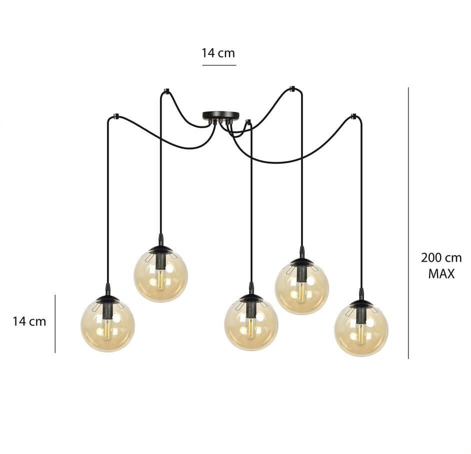 Rozłożysta lampa wisząca Blair 5 Spider z kulistymi kloszami