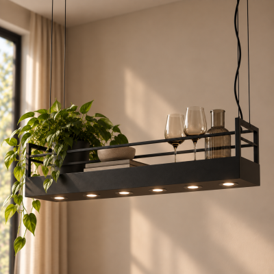 Czarna lampa wisząca Miravelle - półka na rośliny