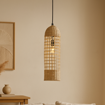 Rattanowa lampa wisząca na czarnym stelażu Palmas