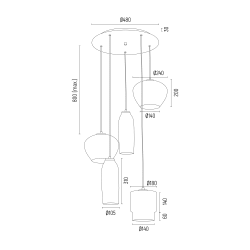 Żyrandol Serafino 5 z kloszami o różnych kształtach