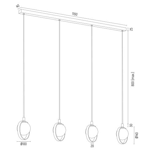 Lampa wisząca na złotej listwie z mlecznobiałymi kloszami Saturnia 4