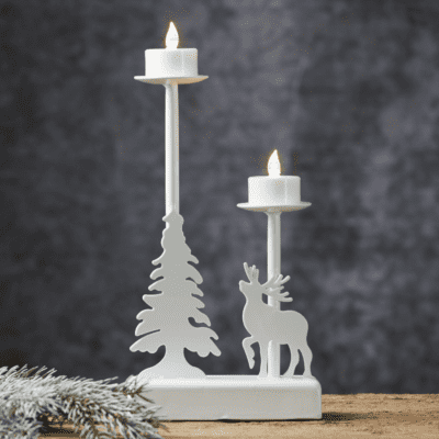 Biały dwupunktowy świecznik z motywem choinki