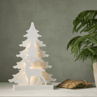 Biała dekoracja na stół choinka i jeleń Grandy S