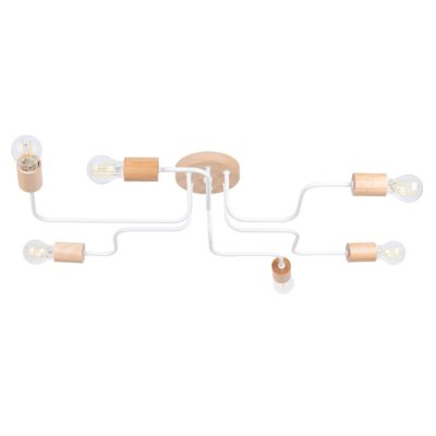 Biała lampa sufitowa Gisli 6 z drewnianymi elementami