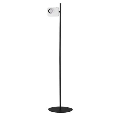 Nowoczesna lampa podłogowa Parinas z kloszem imitującym aparat
