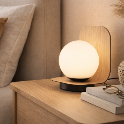 Drewniana lampa stołowa Heras z kloszem w kształcie kuli