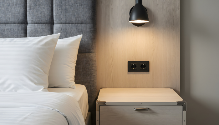 czarny kinkiet ścienny obok łóżka