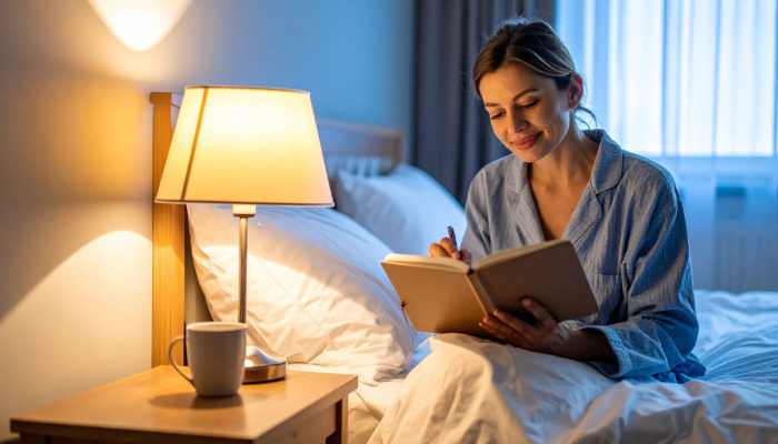 lampka nocna oświetlająca kobietę piszącą w notesie