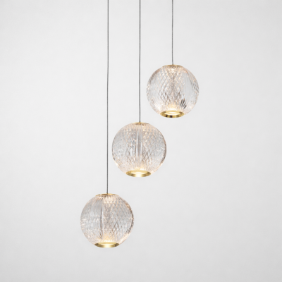 Potrójny żyrandol z kulistymi, kryształowymi kloszami Cana