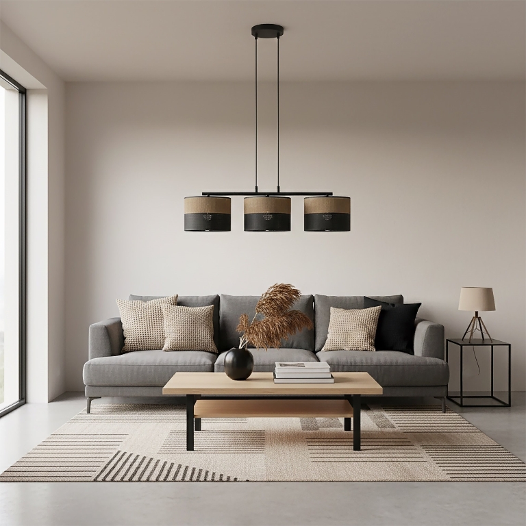 brązowe-lampy-wiszące-z-materiałowym-abażurem-do-salonu
