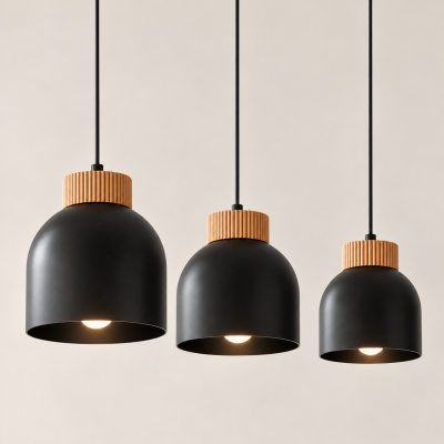 Czarna lampa wisząca Avrel 3 z drewnianymi detalami